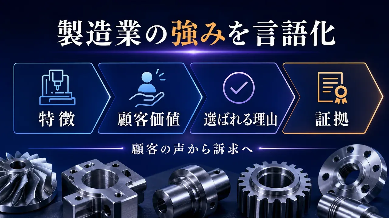 製造業の特徴を顧客価値・選ばれる理由・証拠へ変換する流れ
